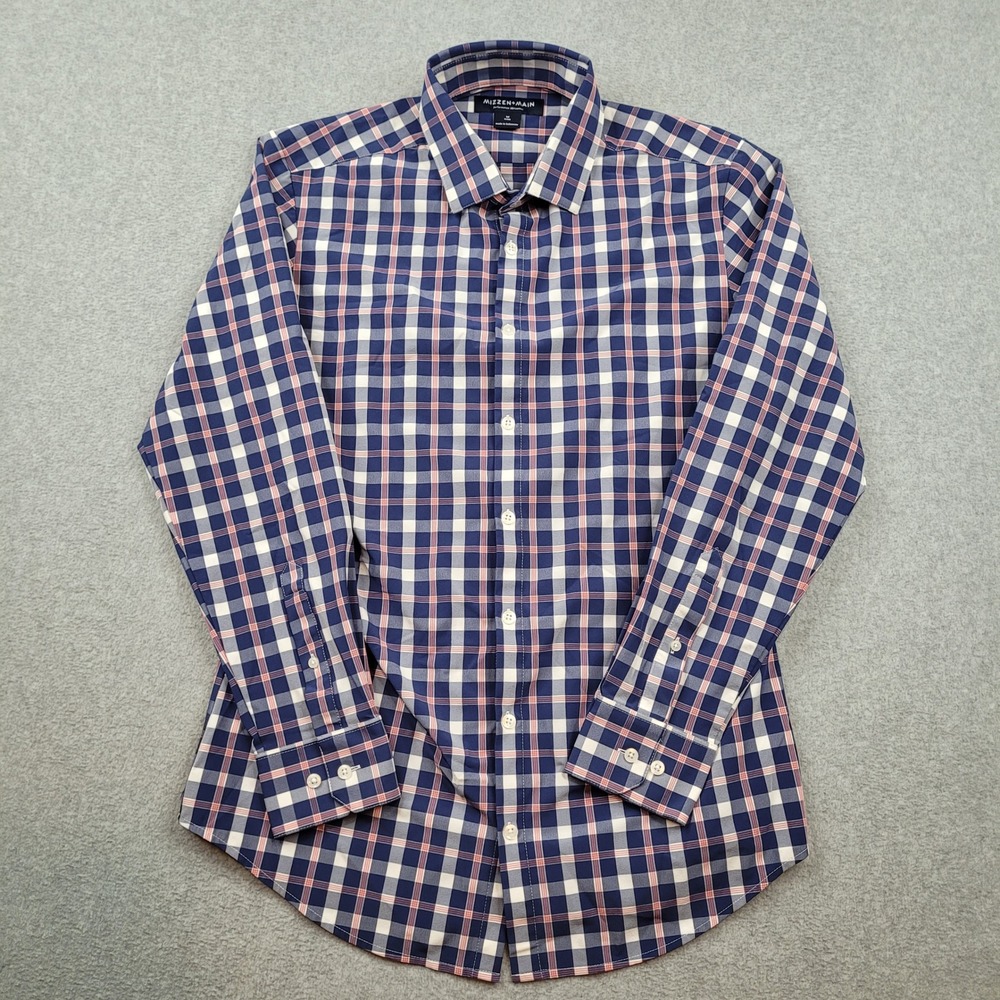 Mizzen+Main Button Down Shirt Medium Blue Plaid Trim Fit Performance Long Sleeve